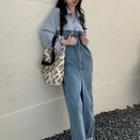 Long-sleeve Striped Panel Denim Wide Leg Jumpsuit Denim Blue - One Size
