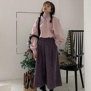 Turtleneck Long-sleeve Top / Plain Blouse / Corduroy Wide-leg Pants