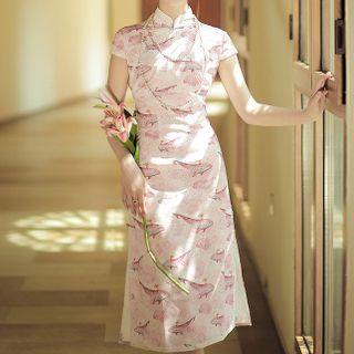 Cap-sleeve Whale Print Midi A-line Qipao Dress