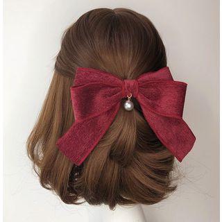 Corduroy Bow Faux Pearl Hair Clip