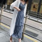 Set: V-neck Spaghetti Strap Midi Dress + Open Front Long Jacket
