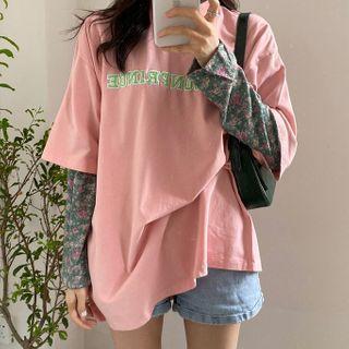 Elbow-sleeve Lettering T-shirt / Long-sleeve Floral Print T-shirt