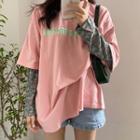 Elbow-sleeve Lettering T-shirt / Long-sleeve Floral Print T-shirt