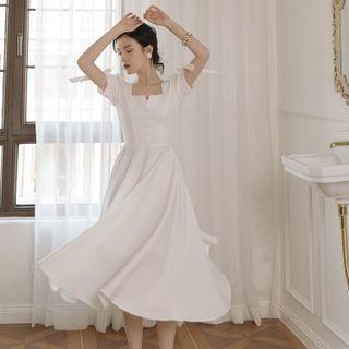 Short-sleeve Square-neck Plain A-line Midi Dress