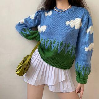 Lantern-sleeve Print Knit Sweater Blue - One Size