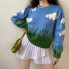 Lantern-sleeve Print Knit Sweater Blue - One Size
