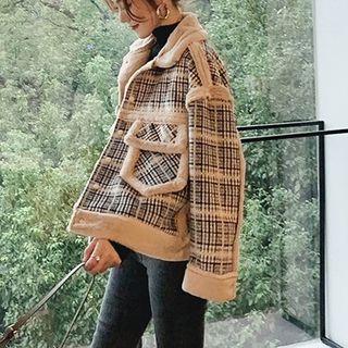 Plaid Faux Shearling Snap-button Jacket