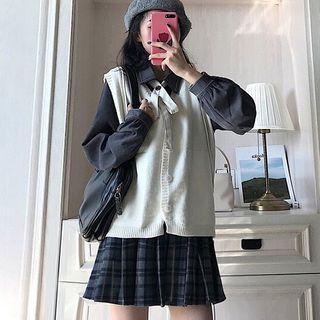 Button-up Sweater Vest / Blouse / Plaid Mini A-line Skirt / Set