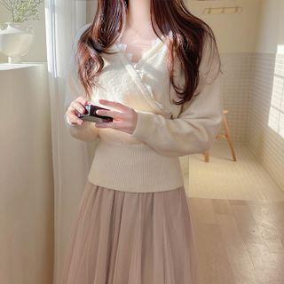 Lace-trim Surplice-wrap Knit Top
