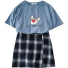 Short-sleeve Pig Print T-shirt / Plaid Mini A-line Skirt