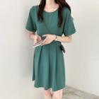 Round-neck Plain Pleated A-line Dress Cyan - One Size