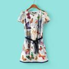 Short-sleeve Tie-waist Printed Dress