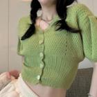 Puff-sleeve Pointelle Knit Crop Top