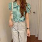 Short-sleeve Doll Collar Plaid Cropped Top Green - One Size