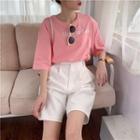 Lettering Elbow-sleeve T-shirt / High Waist Shorts
