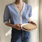 Gingham V-neck Short-sleeve Blouse