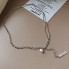925 Sterling Silver Faux Pearl Choker Necklace - Tag Pendant - One Size