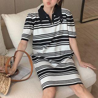 Short-sleeve Striped A-line Polo Dress Stripes - Black & White - One Size