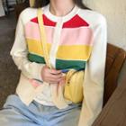 Long-sleeve Color Block Buttoned Knit Top White - One Size