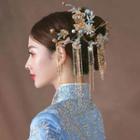 Set: Wedding Branches Faux Pearl Rhinestone Hair Comb + Fringed Earring + Hair Stick Set - Hair Comb & 1 Pair Earring & Hair Stick - Blue & Gold - One Size