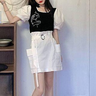 Puff-sleeve Face Print Knit Top / Pocket Detail Mini Pencil Skirt