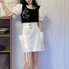 Puff-sleeve Face Print Knit Top / Pocket Detail Mini Pencil Skirt