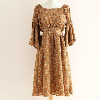 Printed Bell 3/4 Sleeve Midi Chiffon Dress
