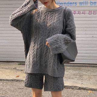 Set: Drop-shoulder Cable-knit Top + Knit Shorts Gray - One Size