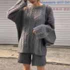 Set: Drop-shoulder Cable-knit Top + Knit Shorts Gray - One Size