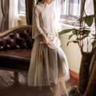 Set: 3/4-sleeve Lace Cheongsam Top + Mesh Midi Skirt
