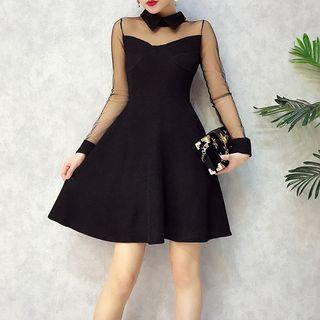 Mesh Panel Collared A-line Dress