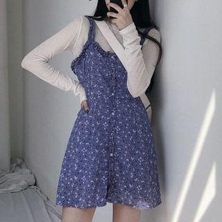 Long-sleeve Top / Spaghetti Strap Floral Mini Dress