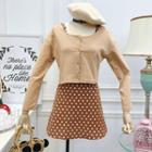 Set: Sleeveless Dotted A-line Dress + Lightweight Cardigan