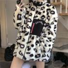 Leopard Print Fleece Zip-up Jacket Black Leopard - White - One Size