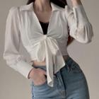 Long-sleeve Collared Tie-front Cropped Blouse