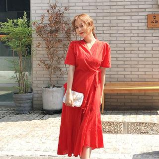 Frill-trim Linen Wrap Dress Red - One Size