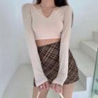 Long-sleeve V-neck Plain Cropped Top / Plaid Mini Skirt
