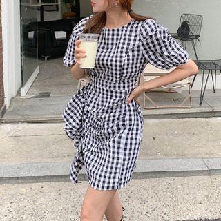 Puff-sleeve Ruffle-trim Gingham Dress Black - One Size