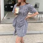 Puff-sleeve Ruffle-trim Gingham Dress Black - One Size