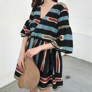 Striped Elbow-sleeve A-line Minidress