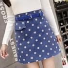 Belted Dotted Corduroy Mini A-line Skirt