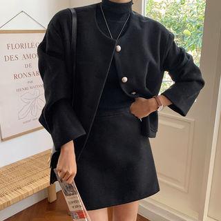 Round-neck Faux-pearl Button Jacket