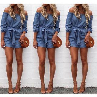 Off-shoulder 3/4 Sleeve Denim Playsuit