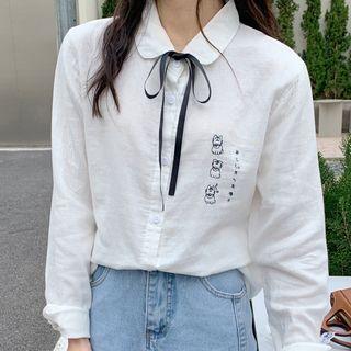 Long-sleeve Embroidered Printed Bow Shirt