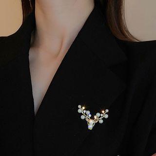 Deer Rhinestone Faux Pearl Alloy Brooch Gold & White - One Size