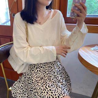 Set: Long-sleeve Cutout Top + Print A-line Skirt