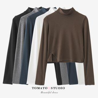 Mock-neck Plain Split Cropped Top