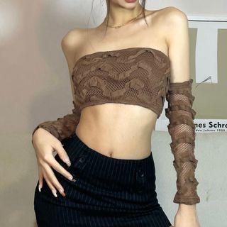 Set: Pointelle Knit Tube Top + Arm Sleeves