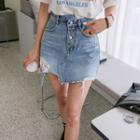 Distressed Washed Asymmetric Denim Miniskirt