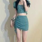 Puff-sleeve Plaid Crop Top / Mini Pencil Skirt / Midi Pencil Skirt / Set